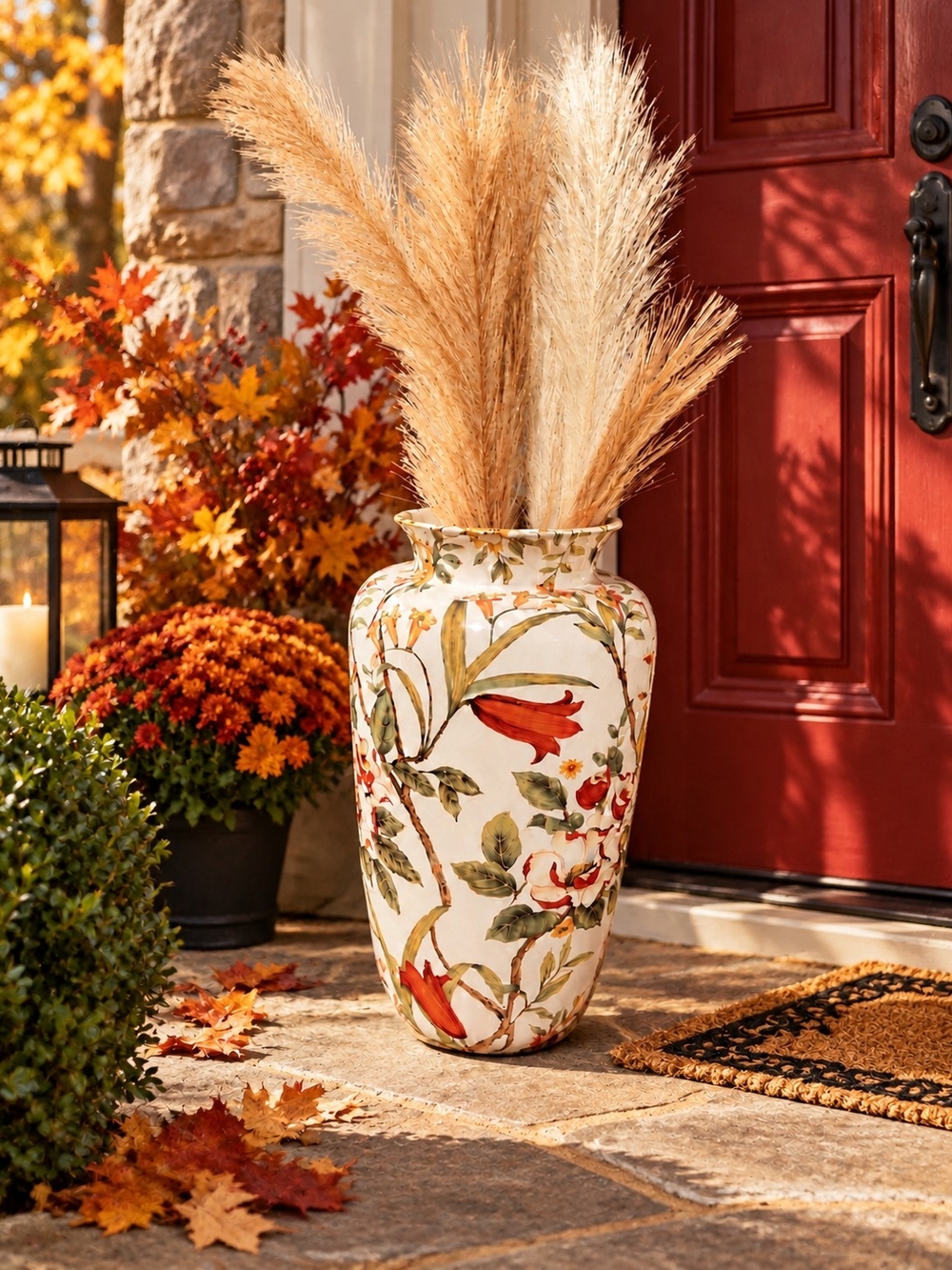Vintage 70s Large Floral Ceramic Floor Vase in Cream and Red & Green
